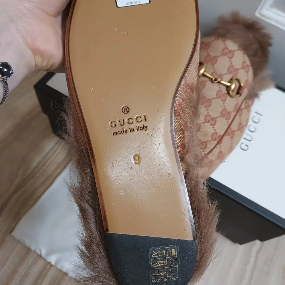 Gucci Beige GG Monogram Fur Princetown Mens Mules - Picture 4 of 10